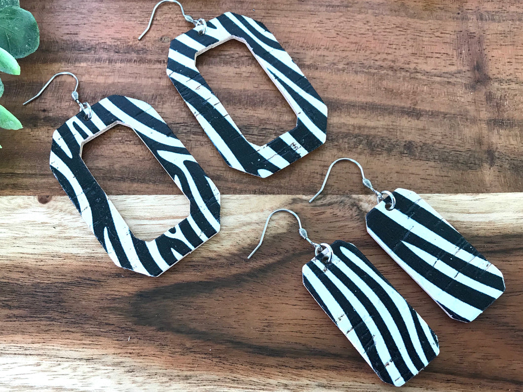 Jackie-O zebra cork on Leather Earrings