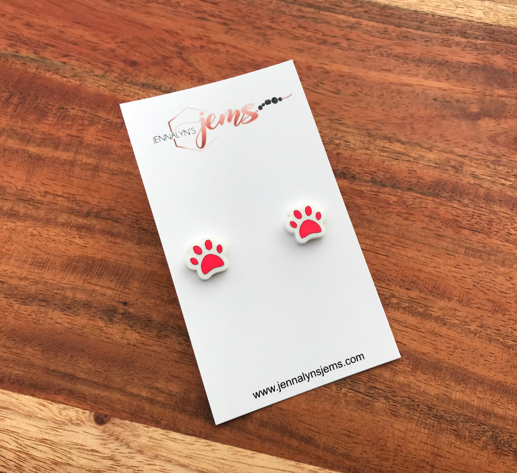 Red/White Paw Stud Earrings