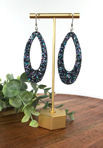 Oblong Oval Iridescent Navy Leather Earring