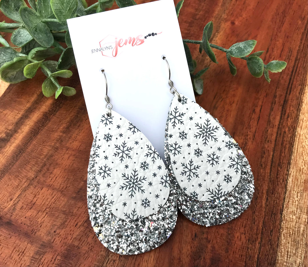 Silver Snowflake Double Layer Leather Earrings